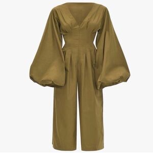 Andrea Iyamah Olive Voluminous-Sleeve V-Neck Jumpsuit